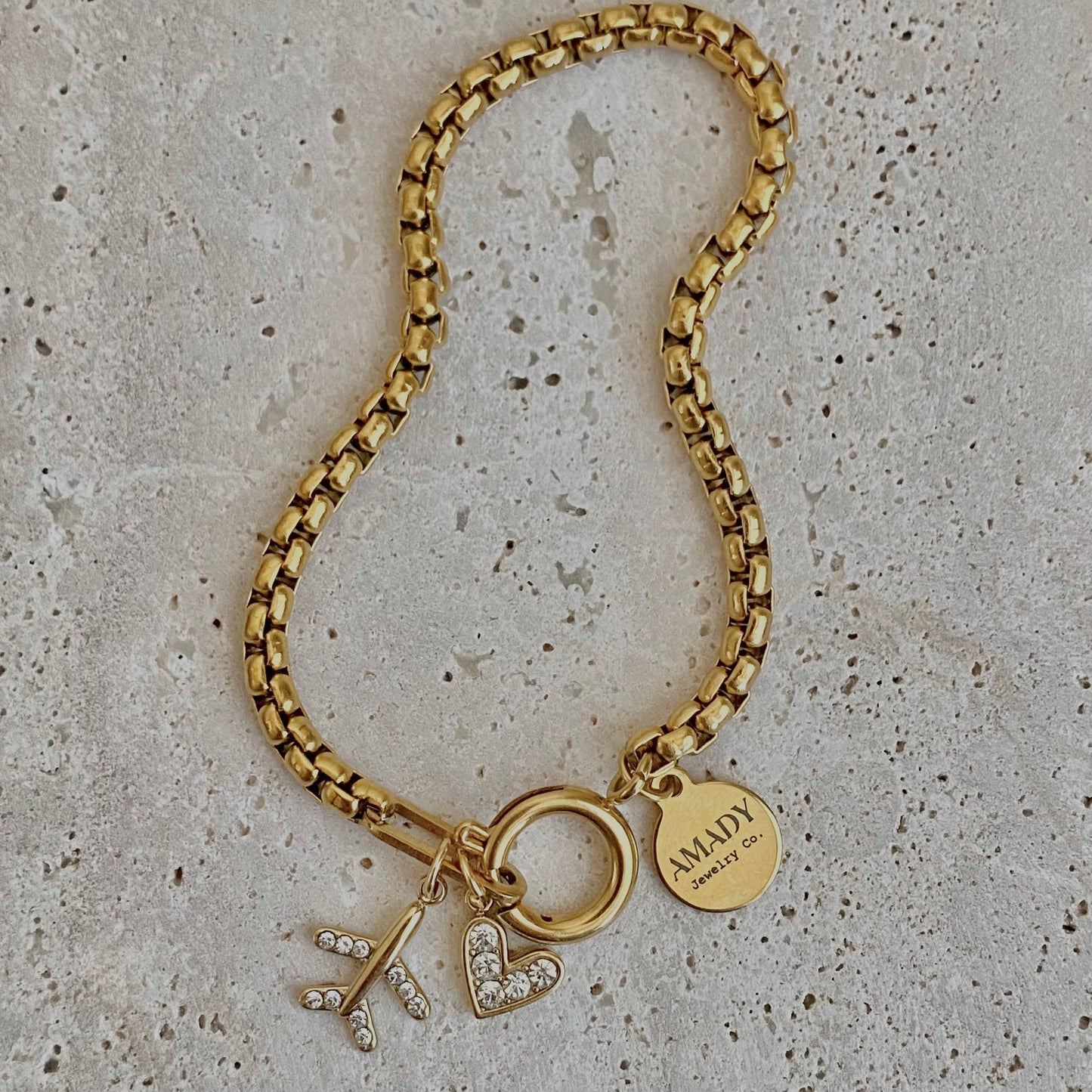 Traveler travel Bracelet airplane plane heart gold plated 