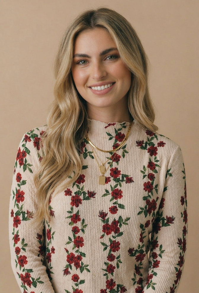 Mock Neck Floral Merrow Hem Rib Knit Top: TAUPE / M