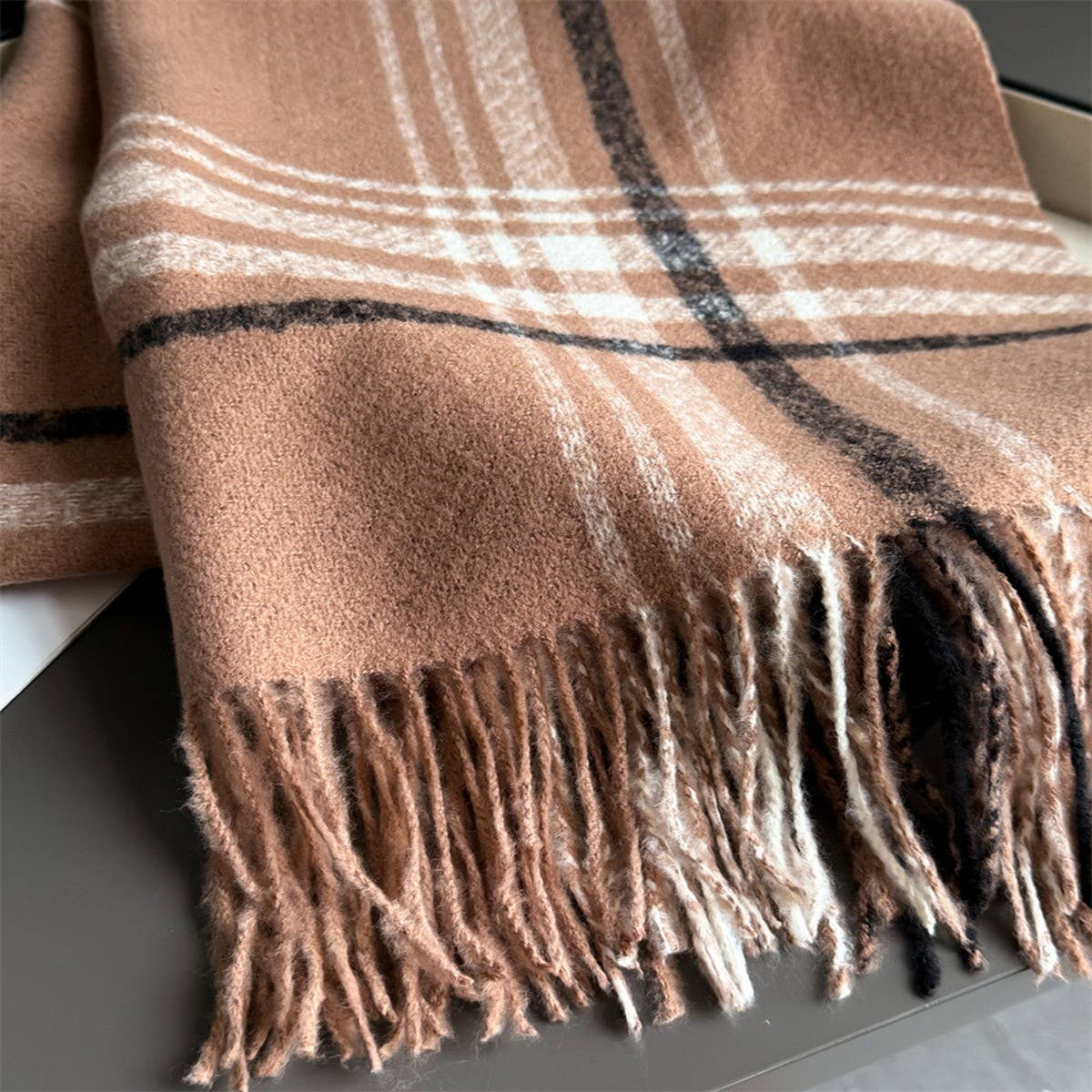 Minimal Plaid Soft Cashmere Feel Winter Scarf_CWASC03246: CAMEL / (OS) 1