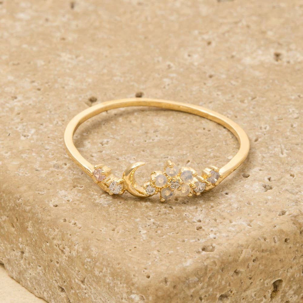 Gold Dipped Cz Floral Moon Ring: G