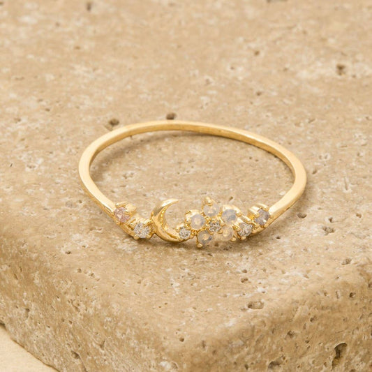 Gold Dipped Cz Floral Moon Ring: G