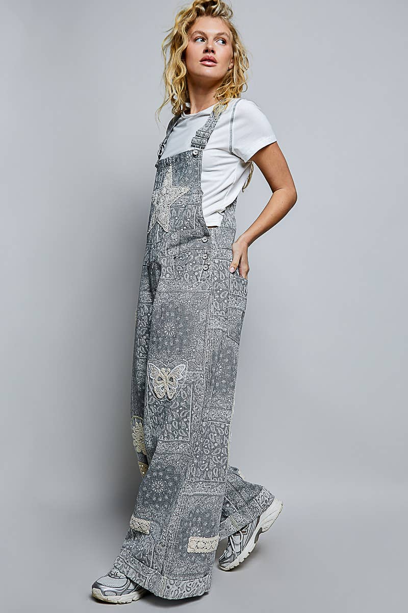 Floral Crochet Pearl Patch Roomy Fit Twill Overalls: FLORAL MULTI / M