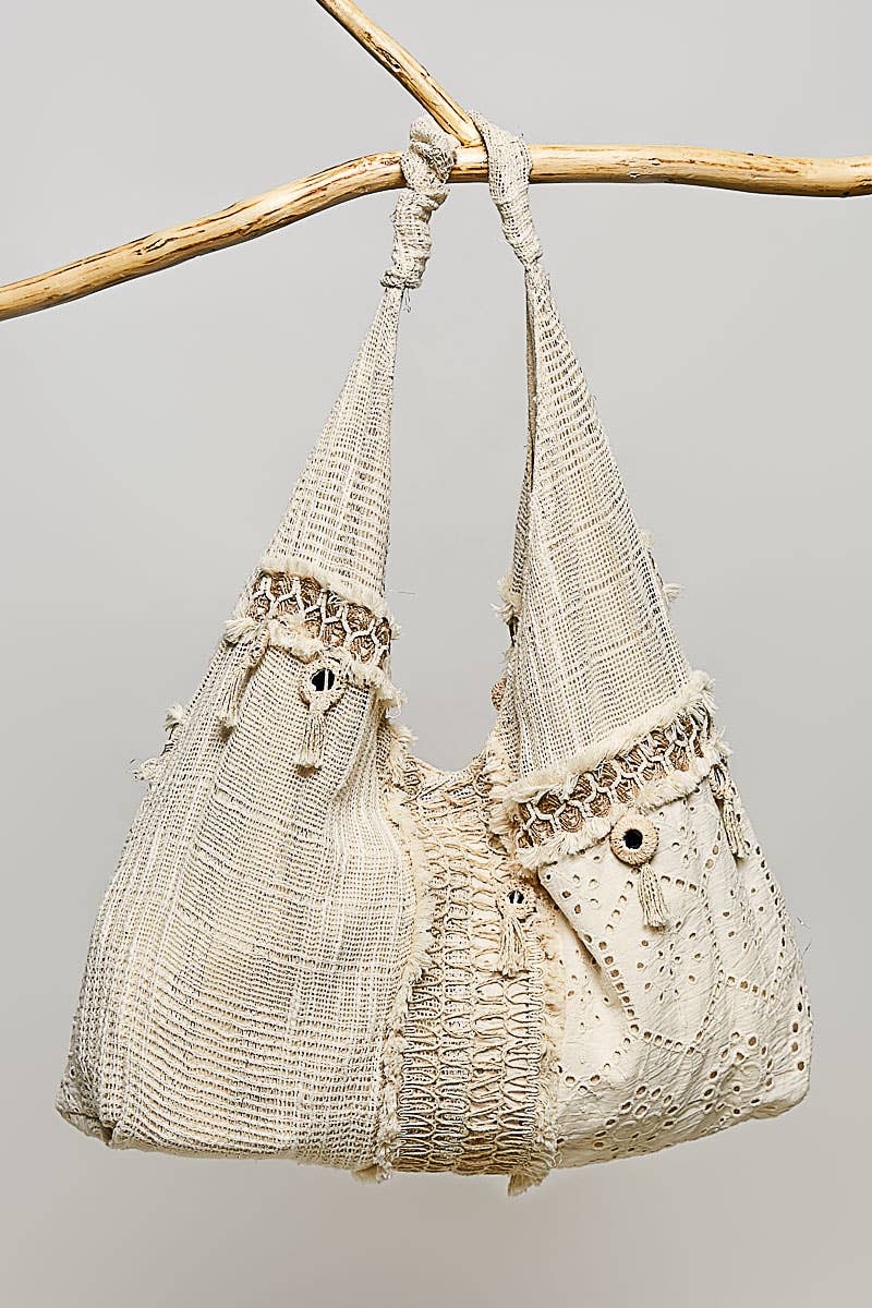 Mirror Dangle Tassel Lace Patched Hobo Bag: NATURAL MULTI / OS