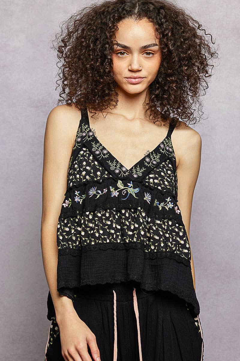 A-body Flared Fit Double Gauze Floral Embroidery Sleeveless