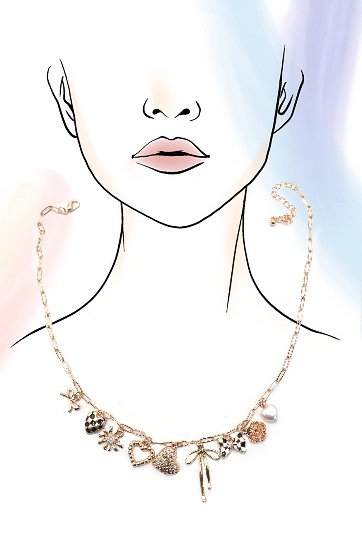 CHARM NECKLACE-BOW CHECKER HEART FLORAL |  80N91685: GOLD