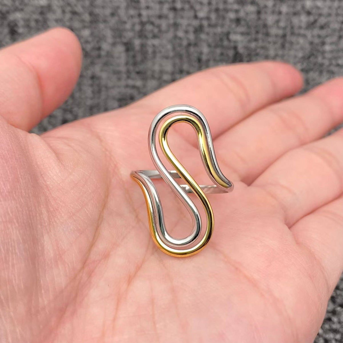 S Shape Two Tone 18K Gold Plated Stainless Steel Ring - FGS