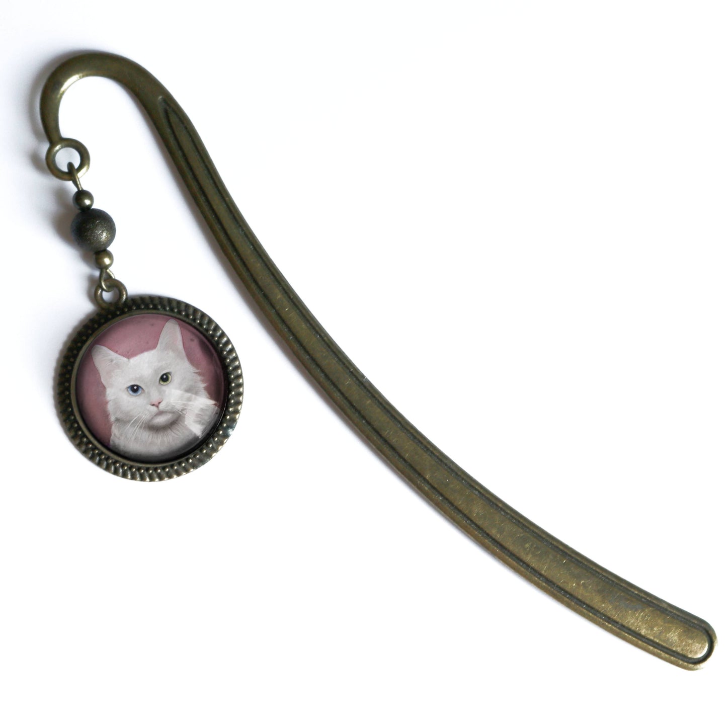 Best Friends long-Haired White Cat Bronze and Glass Bookmark
