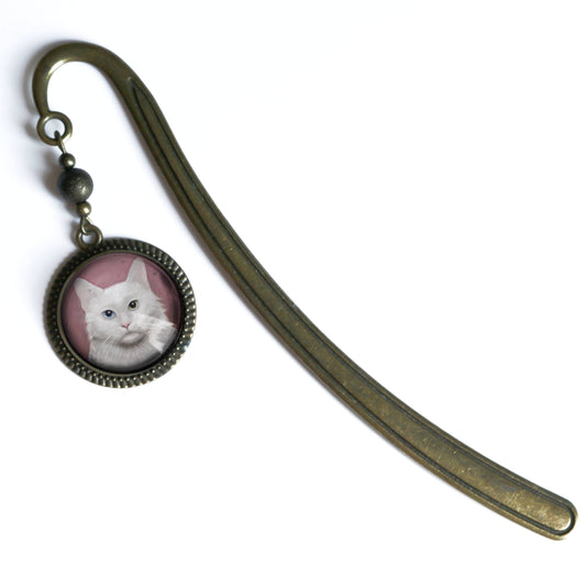 Best Friends long-Haired White Cat Bronze and Glass Bookmark
