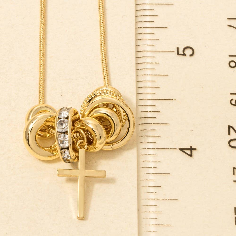 Gold Dipped Cz Multi Charms And Cross Chain Necklace: GOLD