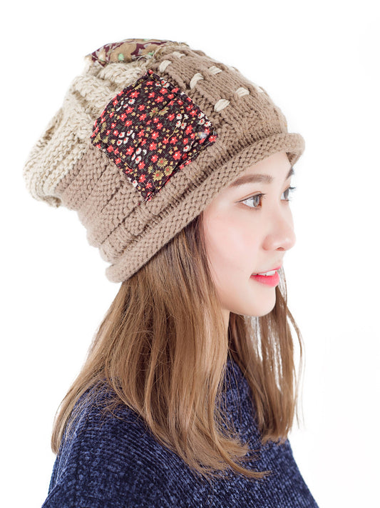 Reversible Handcrafted Patchwork Knit Hat with Plush Lining: Brown