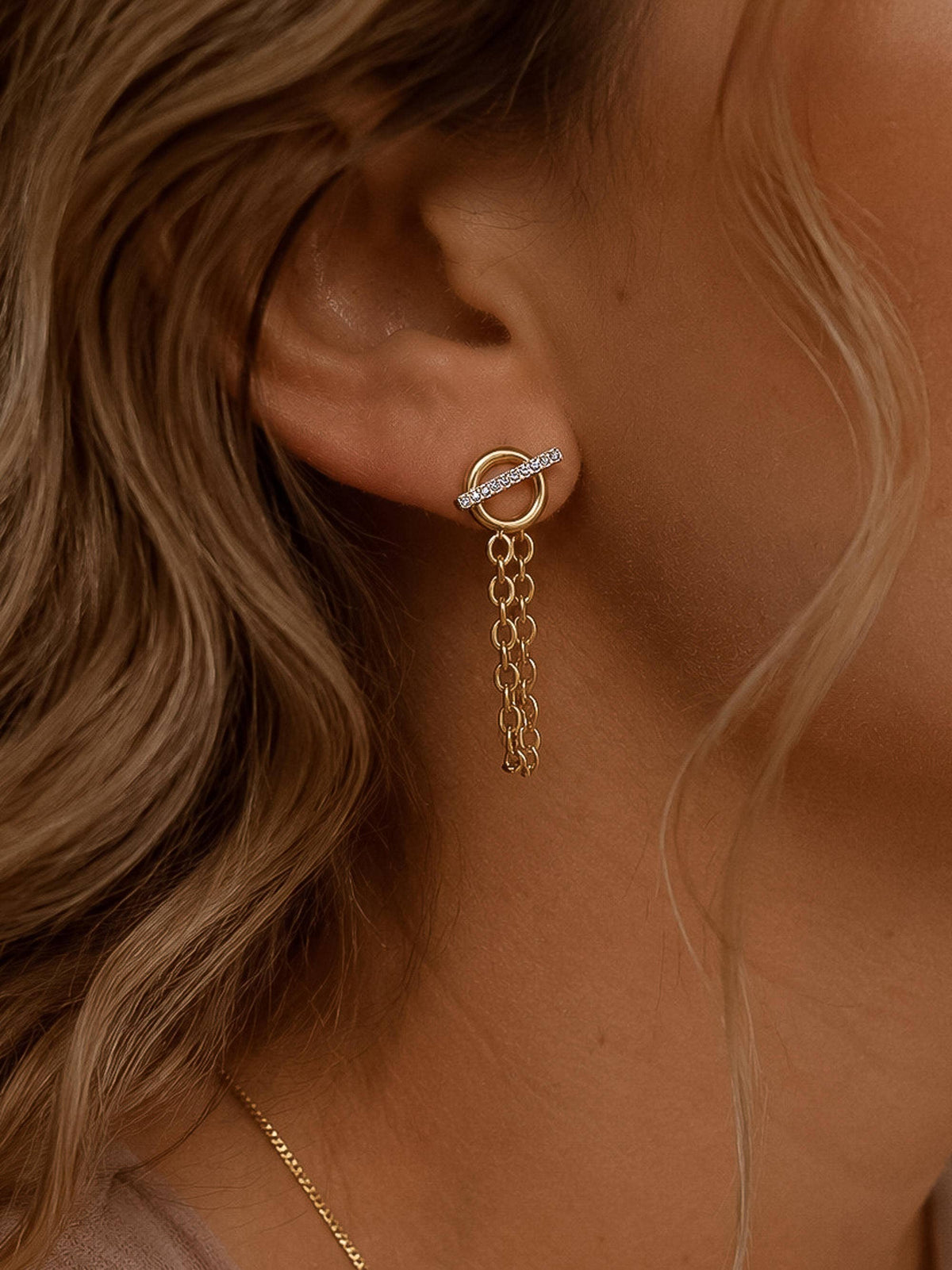 Lisle 18K Gold Non-Tarnish CZ Chain Drop Earrings: Yellow Gold
