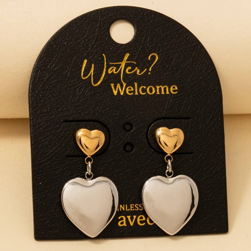 Two Tone Stainless Steel Heart Dangle Earrings: GDMRH