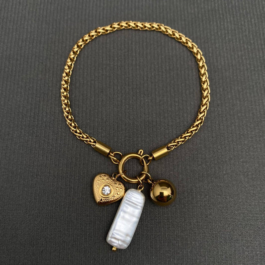 Zircon Inlaid Heart 18K Gold Plated S.Steel Bracelet - FGS