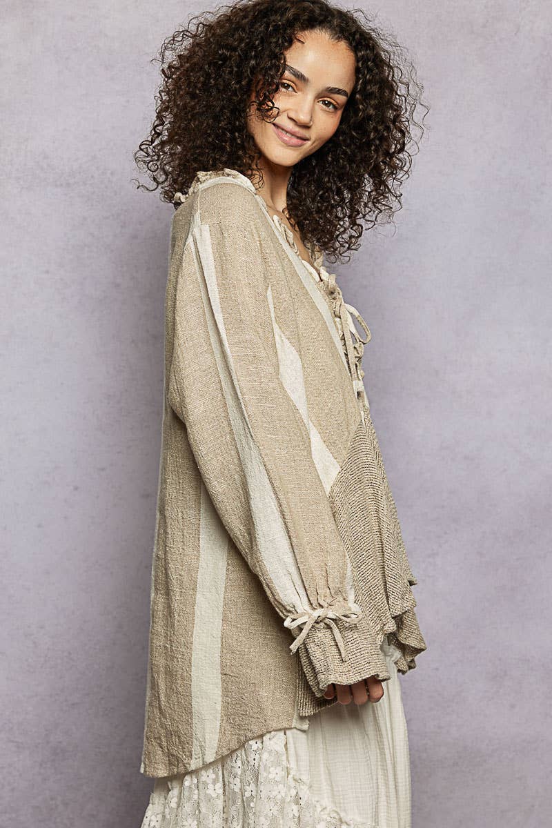 Ruffle Detail Linen Deep V-Neck Stripe Long Sleeve Top