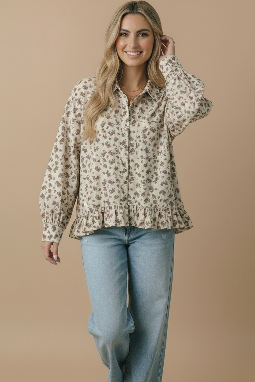 Collared Floral Peplum Hem Babydoll Shirt: OATMEAL / S