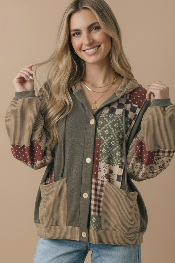 Button Down Color Block Patchwork Print Hoodie