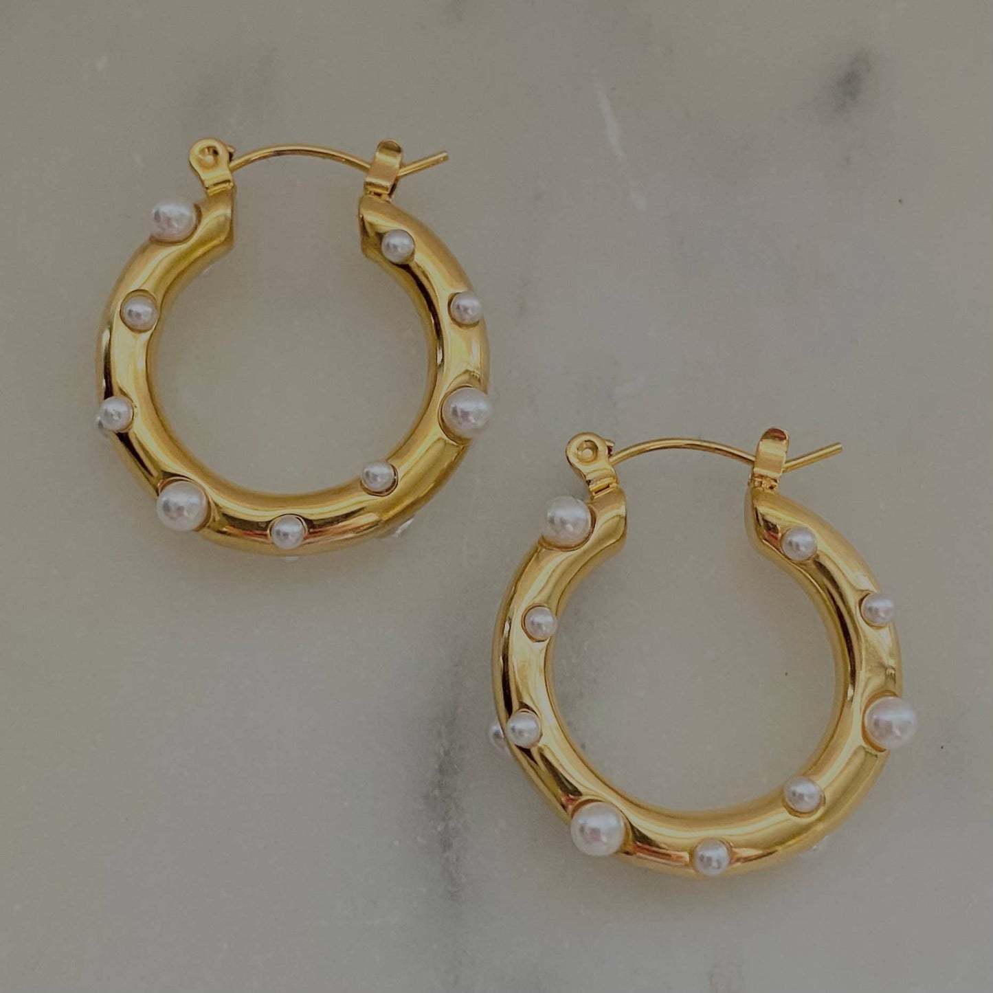 Pearls Gold Hoop Earrings Stainless Steel waterproof