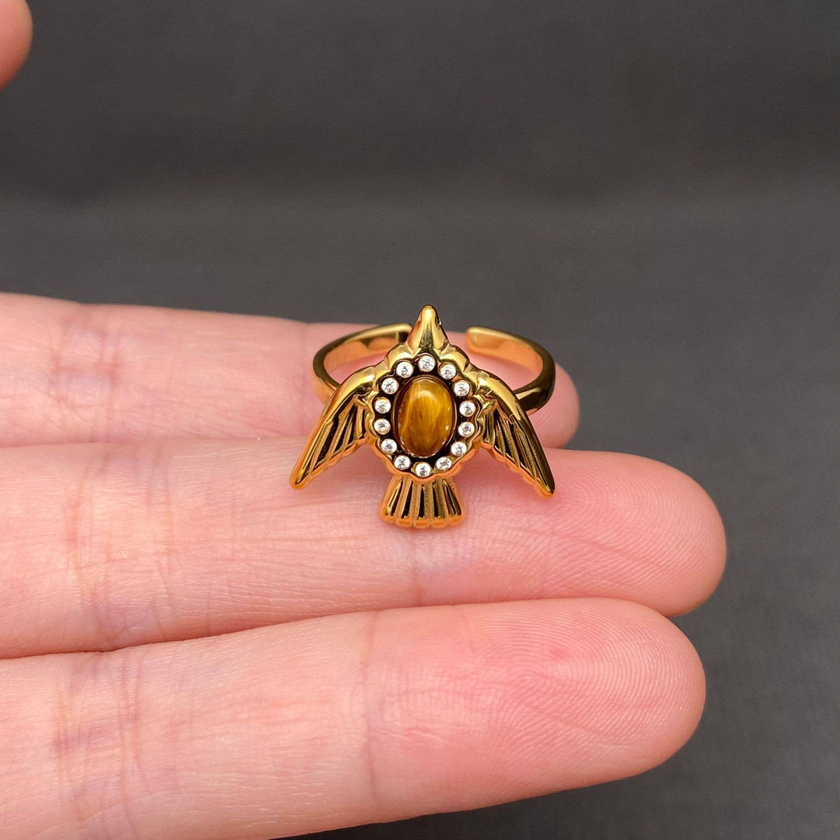 Stone Inlaid Bird 18K Gold Plated Stainless Steel Ring - FGS