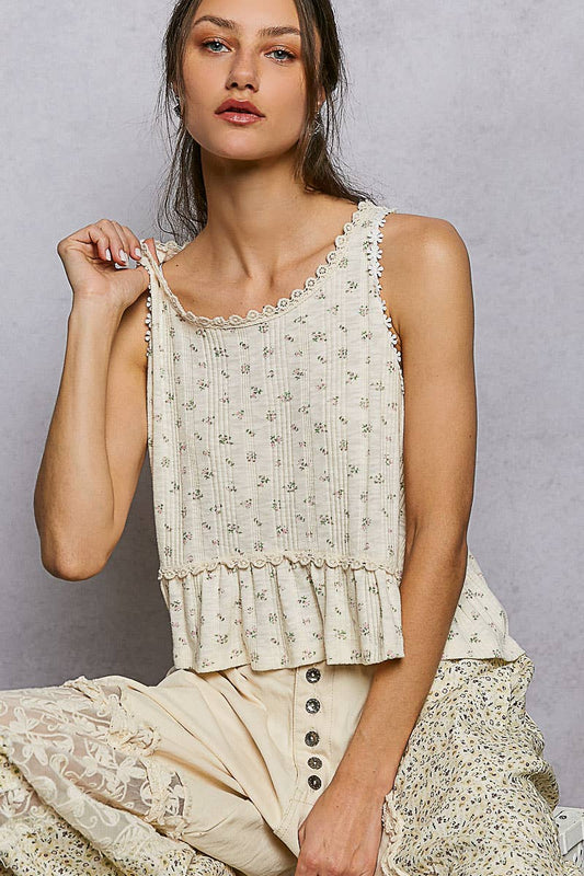 Round Neck Ruffle Hem Trim Detail Floral  L