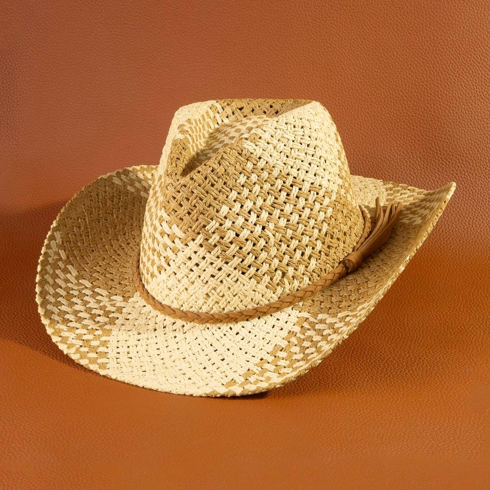 Two Tone Straw Braided Patches Cowboy Hat: IV
