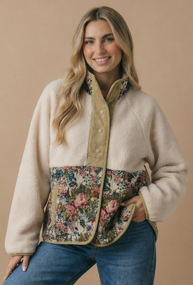 High Neck Snap Button Sherpa Floral Jacket
