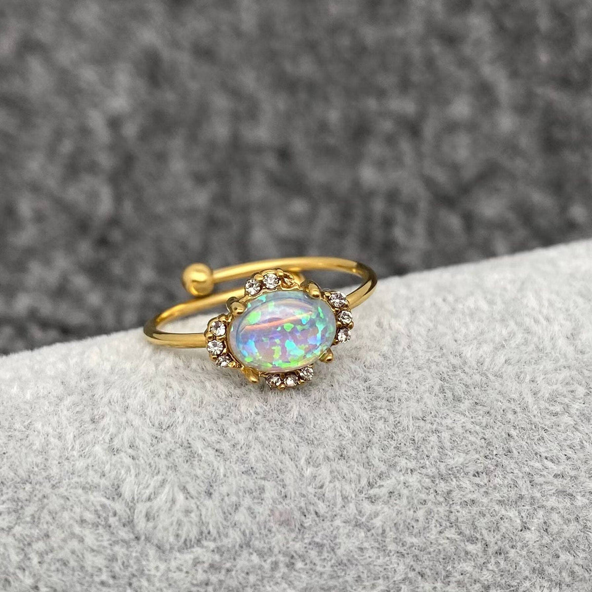 Lucky Opal 18K Gold Plated SS Adjustable Ring - FGS/CS: White Round