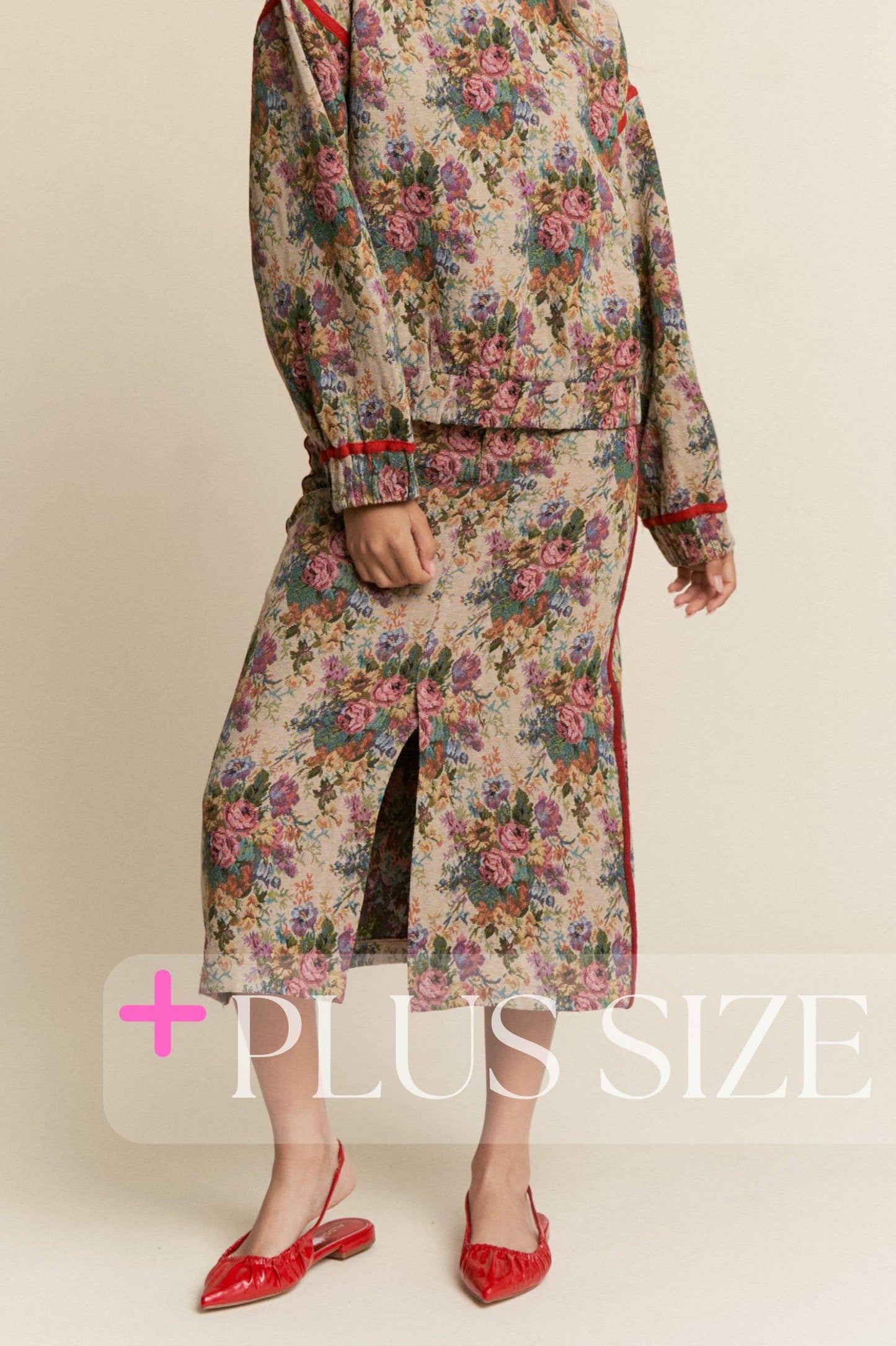 Vintage Floral Front Slit Midi Skirt