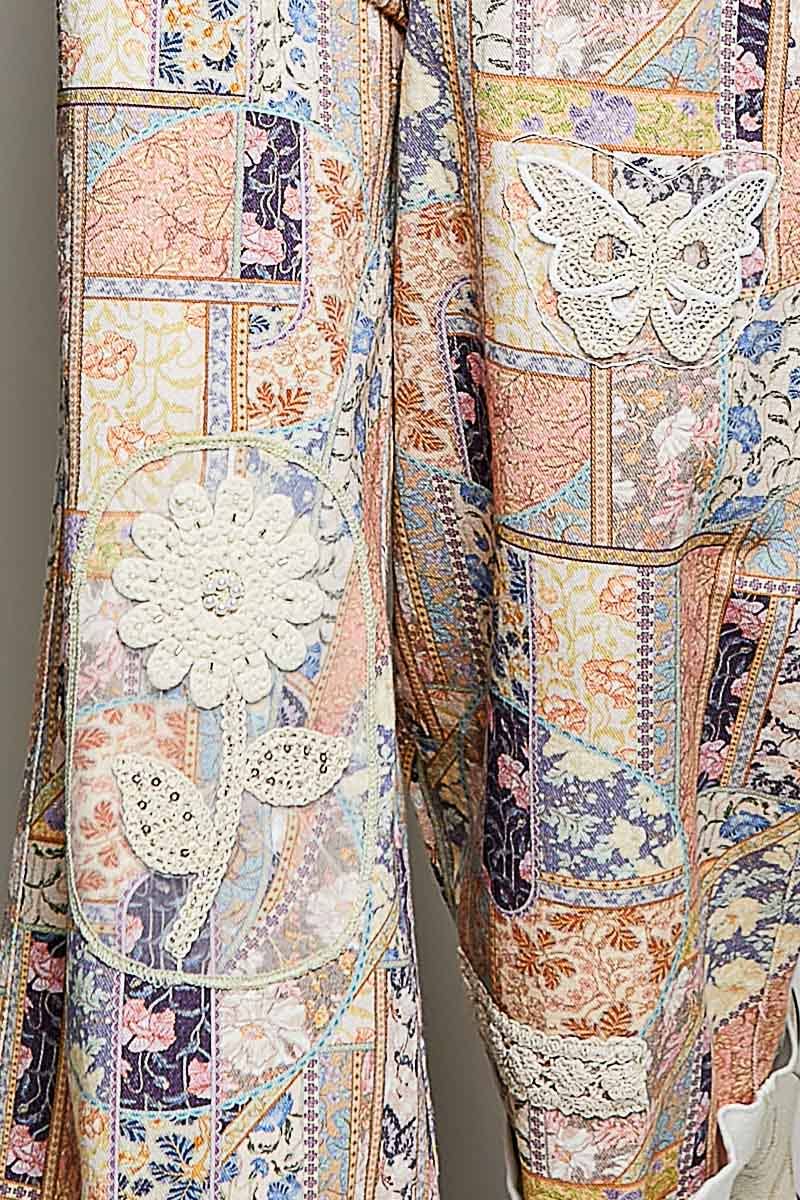 Floral Crochet Pearl Patch Roomy Fit Twill Overalls: FLORAL MULTI / M