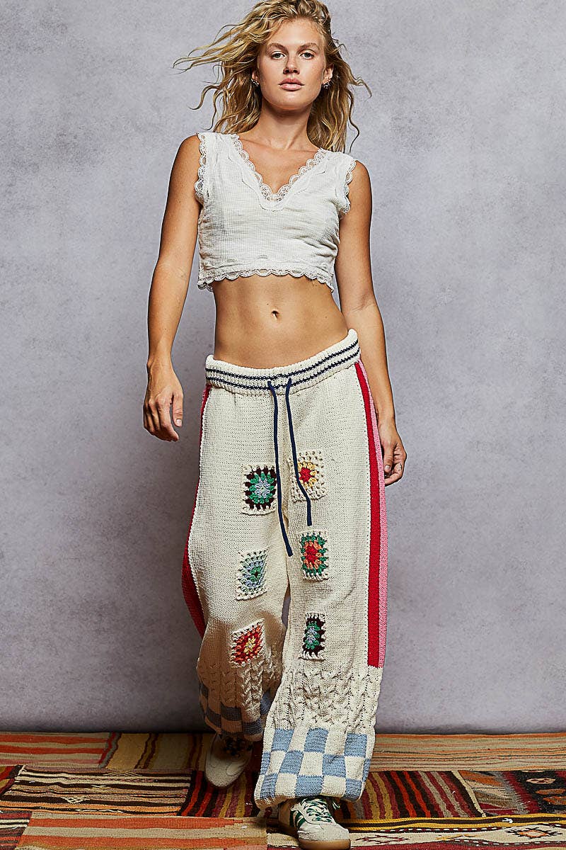 Striped checker pattern patch detail chenille sweater pants