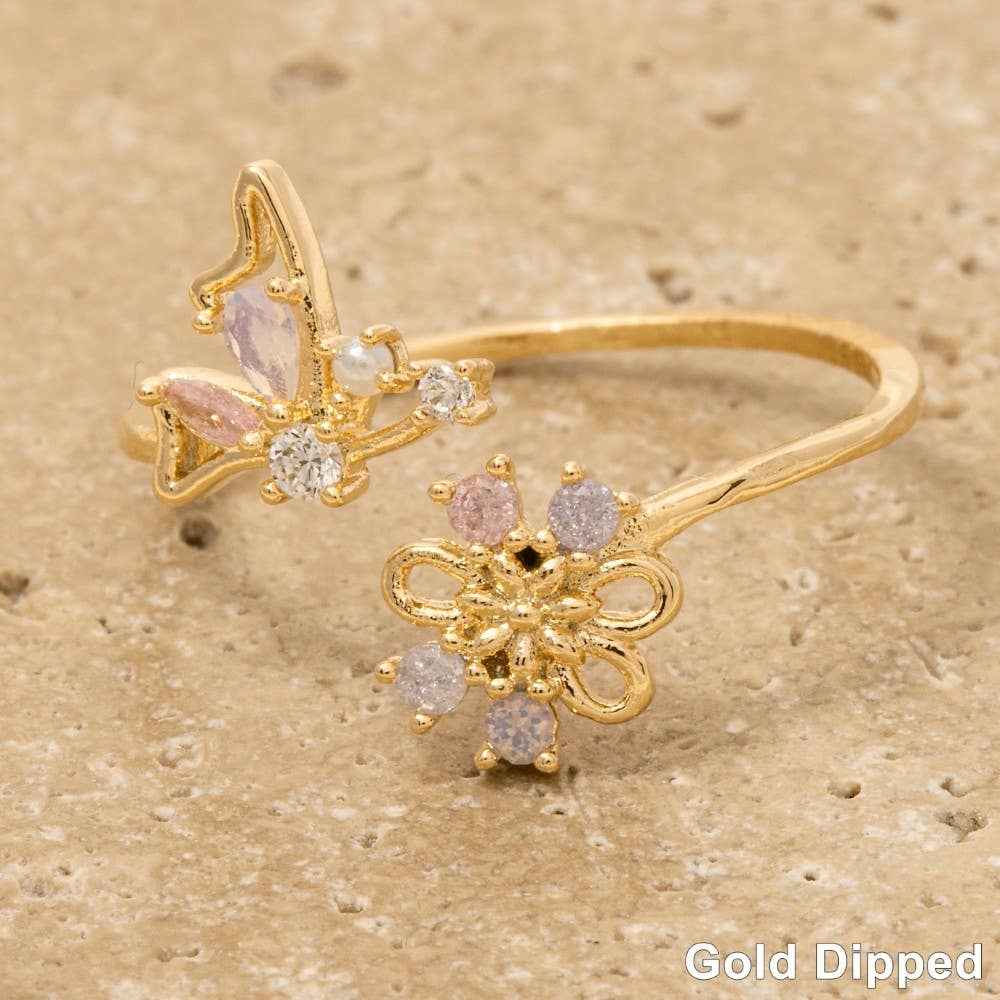 Gold Dipped Butterfly And Flower Cz Ring: G
