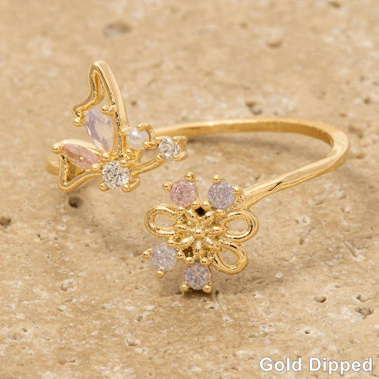 Gold Dipped Butterfly And Flower Cz Ring: G