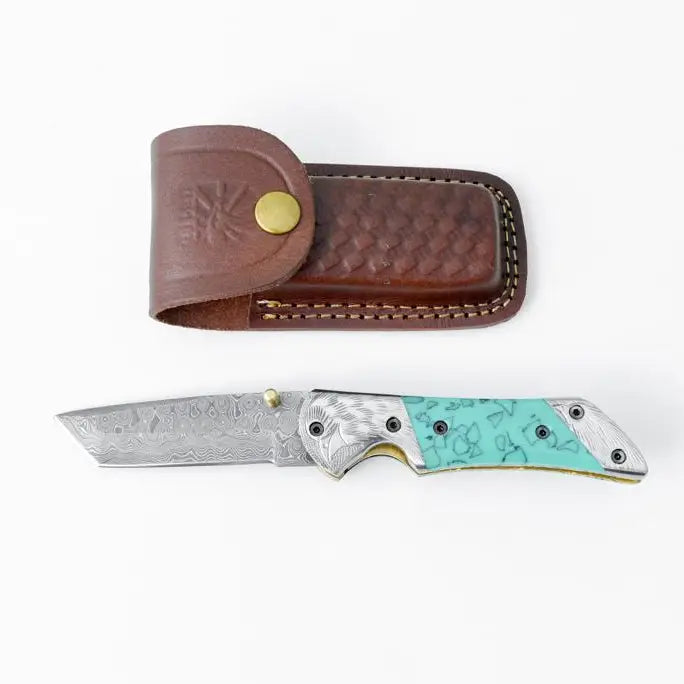 Azureglide Tanto Series Damascus Steel Turquoise (Resin)