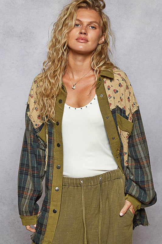 Vintage patchwork plaid double gauze oversized Shirt jacket