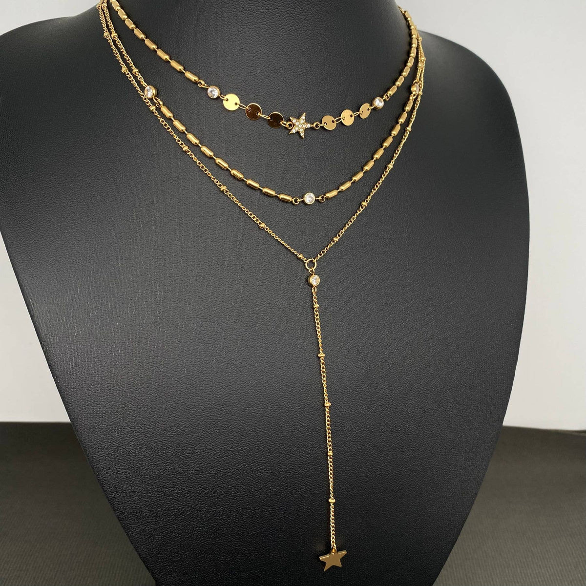 Star Charm 18K Gold Plated SS 3-layer Chain Necklace - FGS