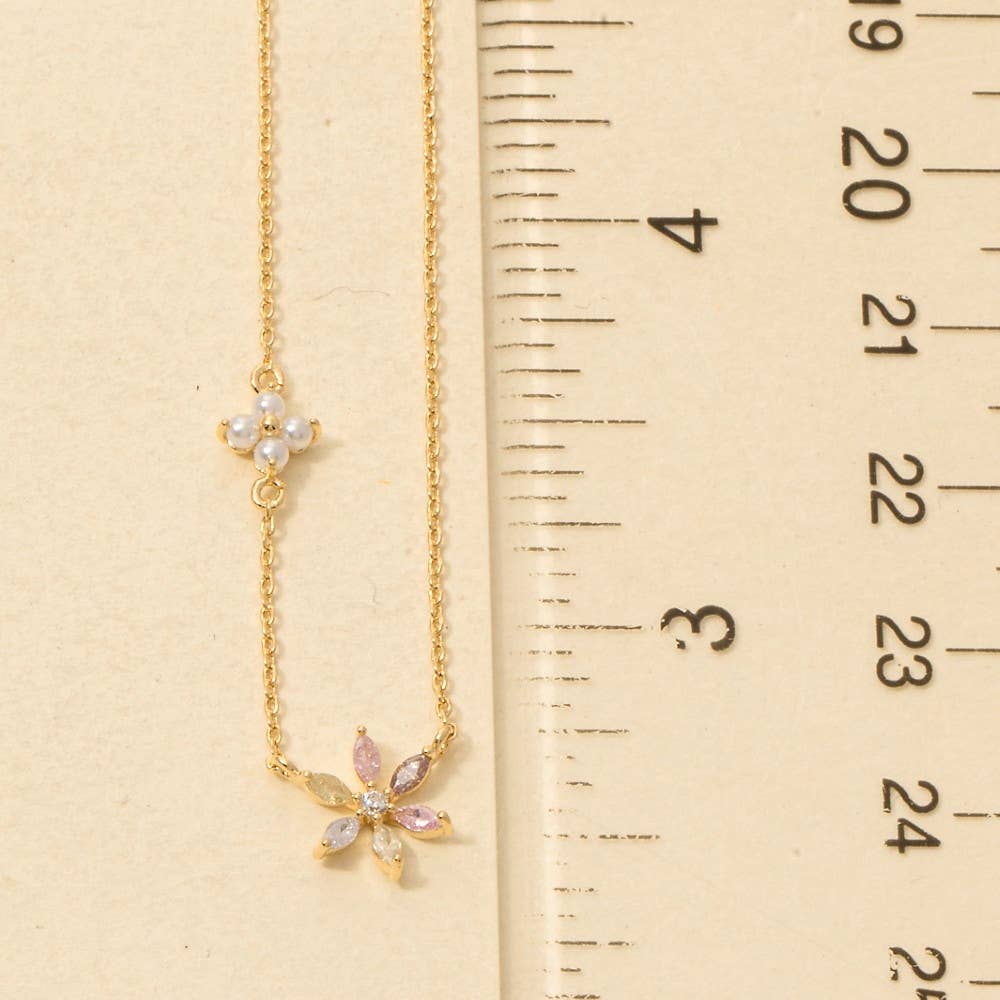 Gold Dipped Cz And Pearl Flower Charms Chain Necklace: G