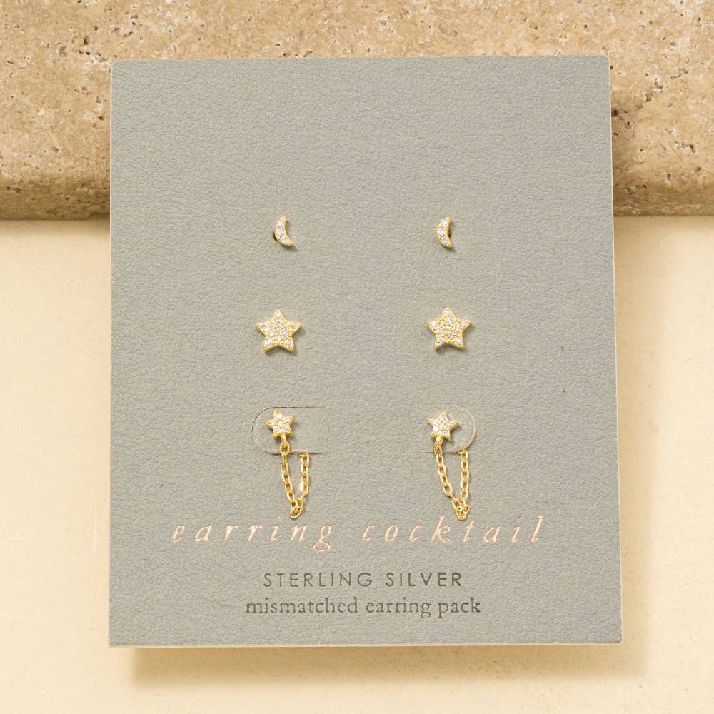Sterling Silver Cz Stars And Moon Stud Earrings Set: GZ