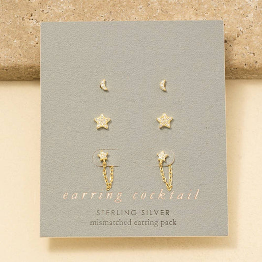 Sterling Silver Cz Stars And Moon Stud Earrings Set: GZ