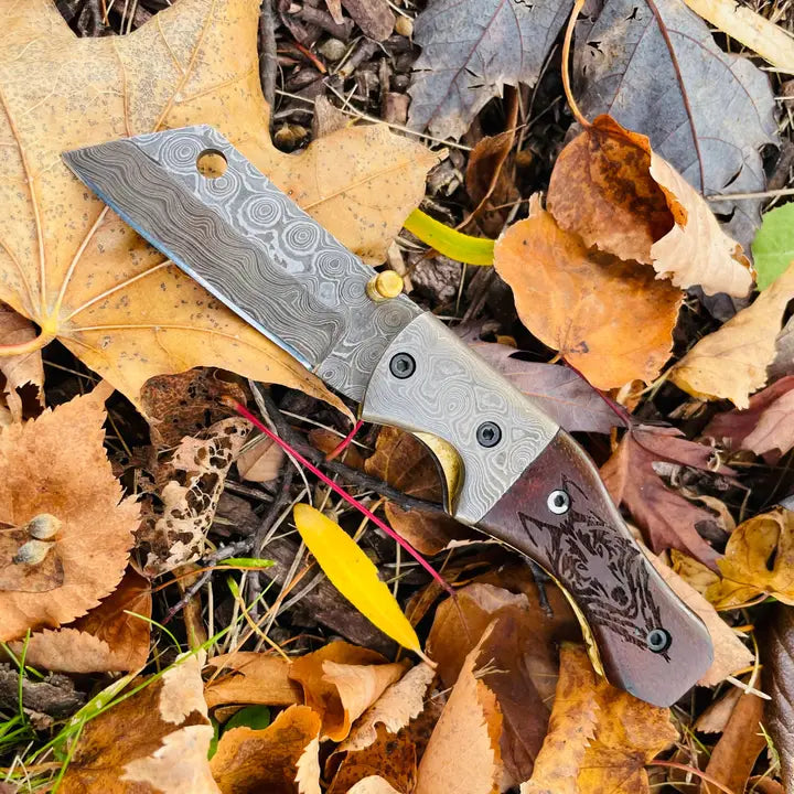 Damascus Steel Handmade Folding Knife Wolf Engraved