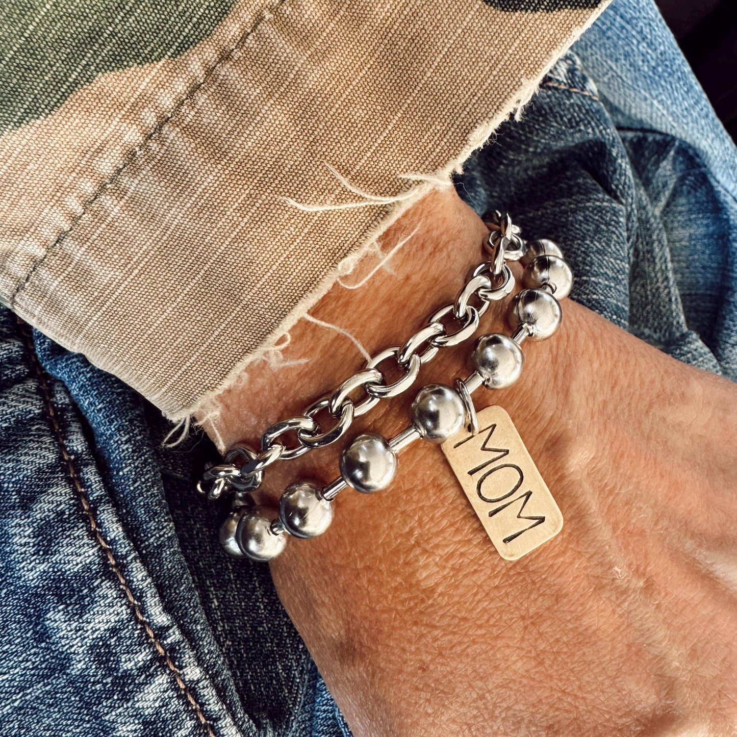 Hand Stamped MOM Brass Tag Bracelet: 7.5