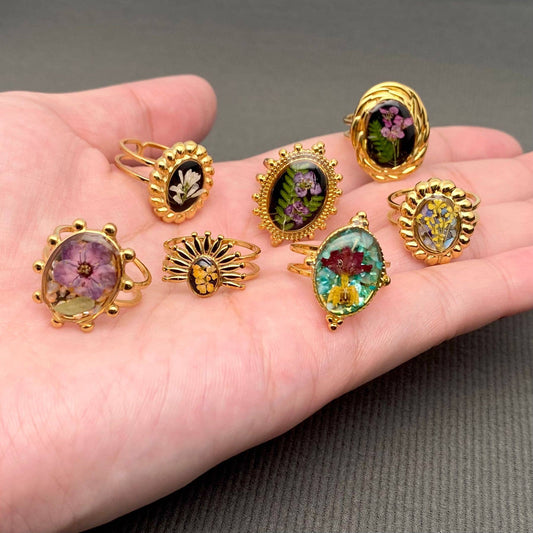 Dried flowers 18K Golden SS Adjustable Floral Rings- PDF/FGS: A
