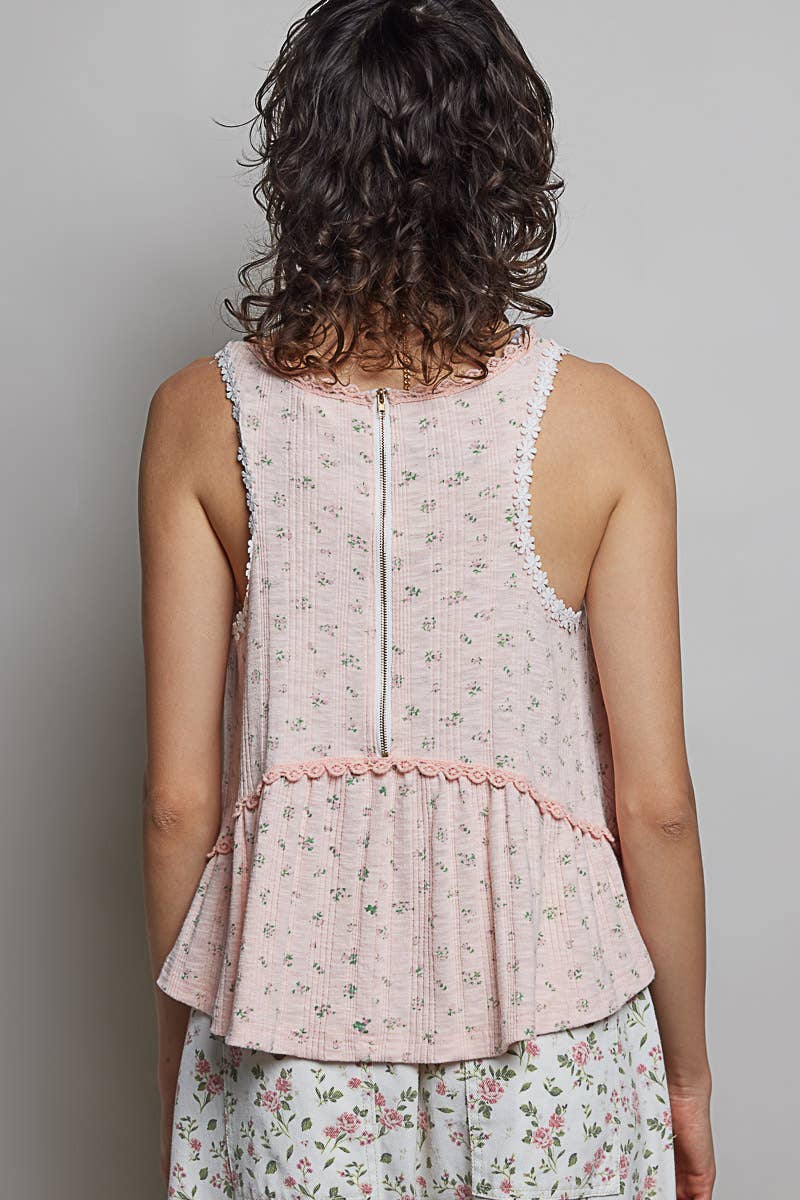 Round Neck Ruffle Hem Trim Detail Floral M