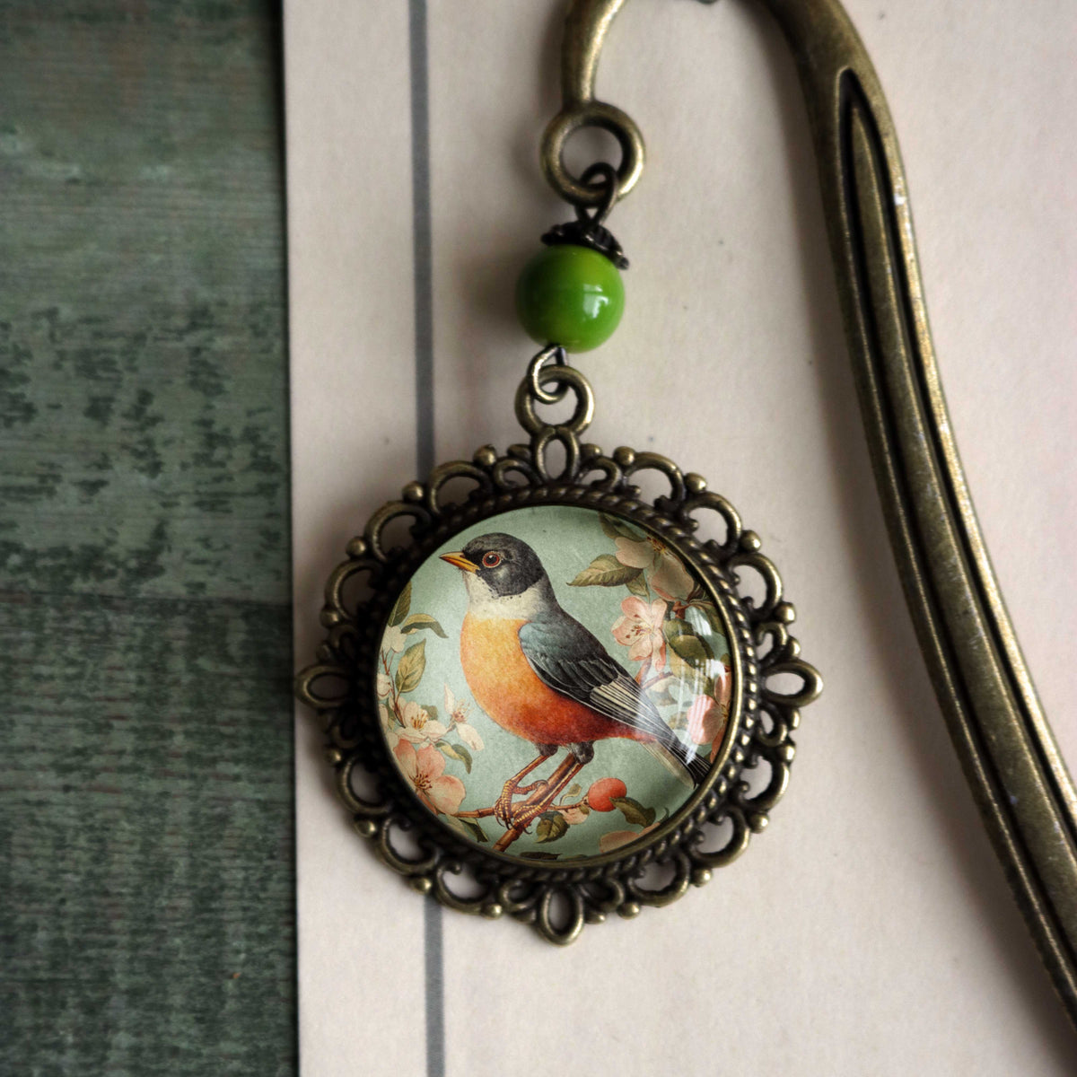 Vintage Robin Bronze and Glass Spring Bookmark