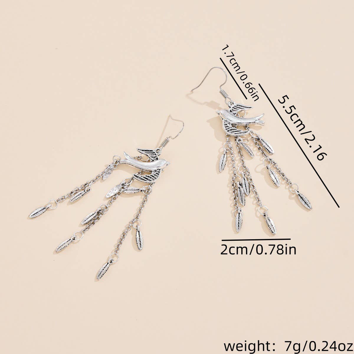 Willow Leaf Swallow Tassel Long Earrings: Silver