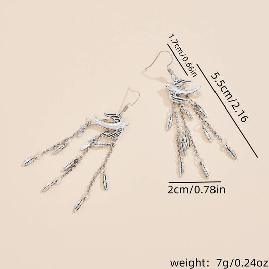 Willow Leaf Swallow Tassel Long Earrings: Silver
