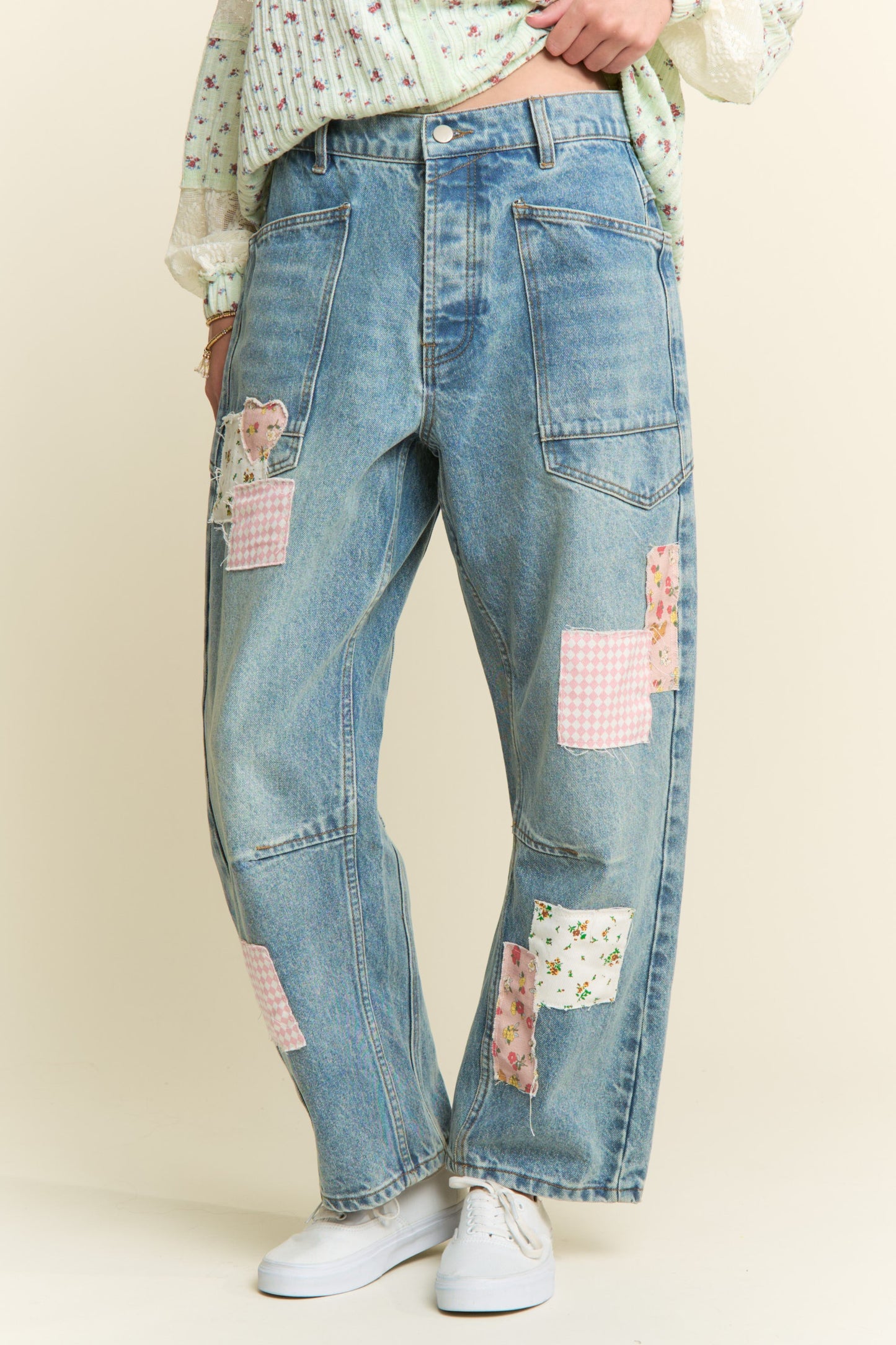 Patchwork Charm Barrel Leg Jeans