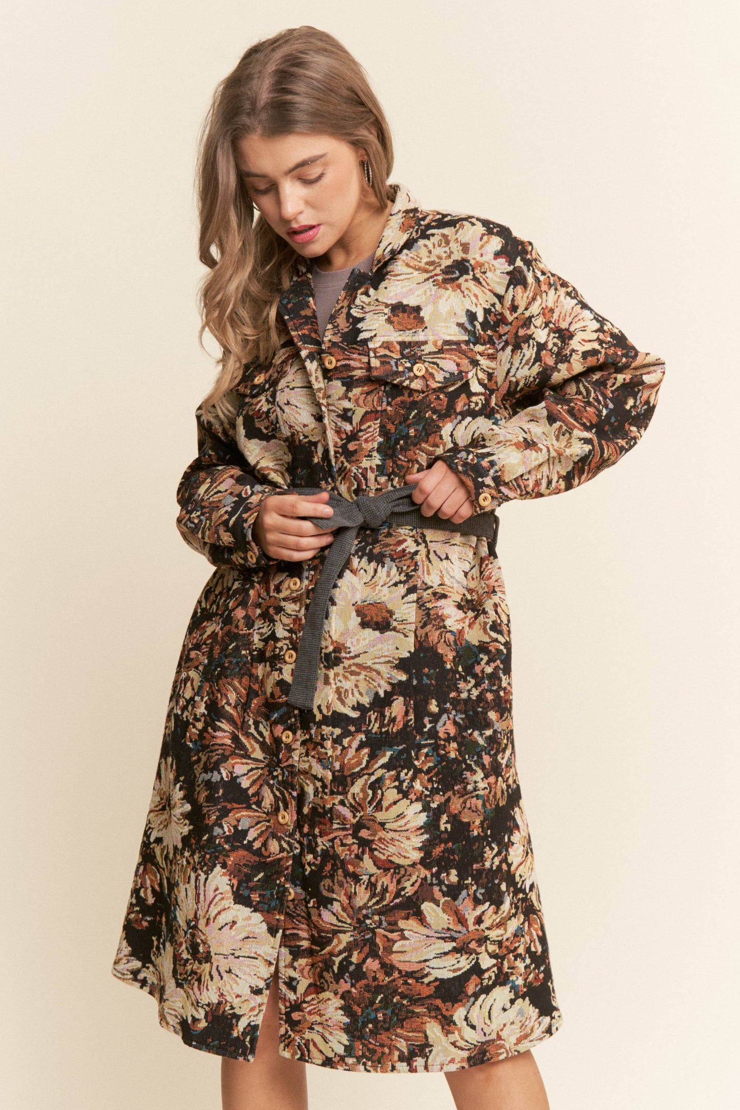 Floral Print Knit Button Down Coat