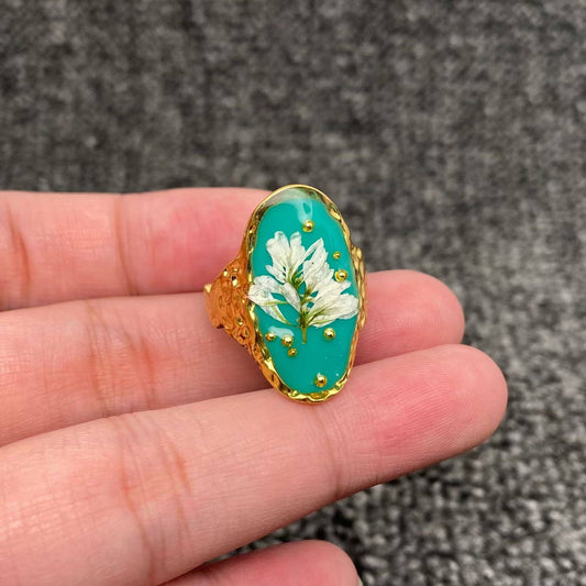 Dried Flower Green Resin 18K Golden S.Steel Ring - PDF/FGS: 7
