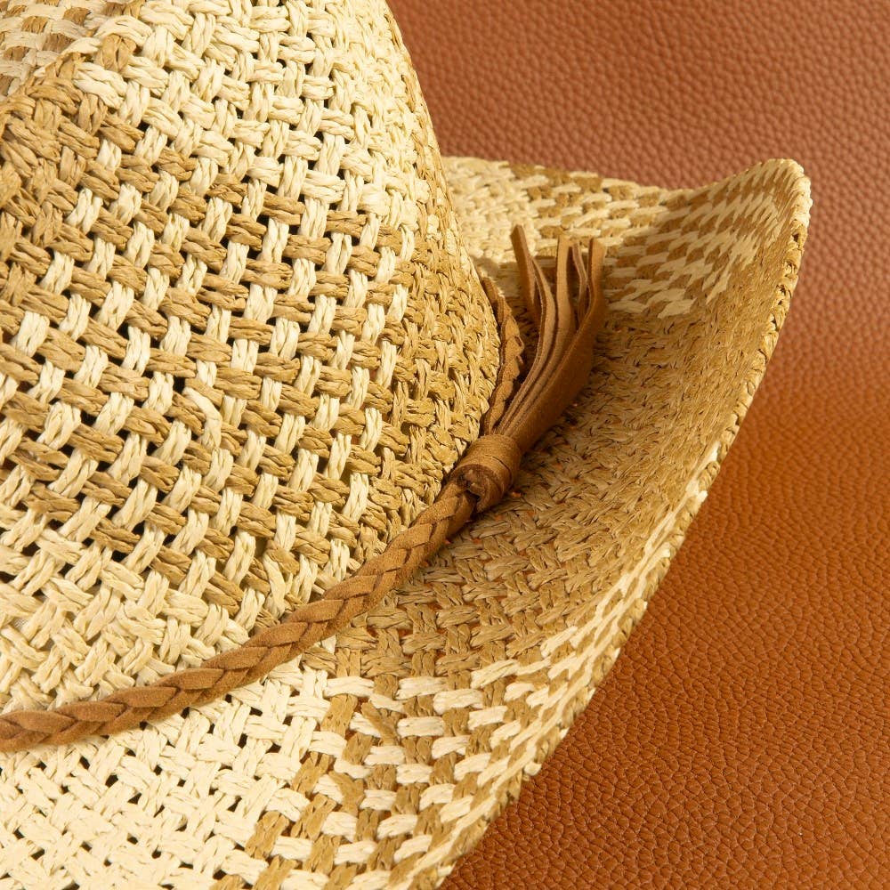 Two Tone Straw Braided Patches Cowboy Hat: IV