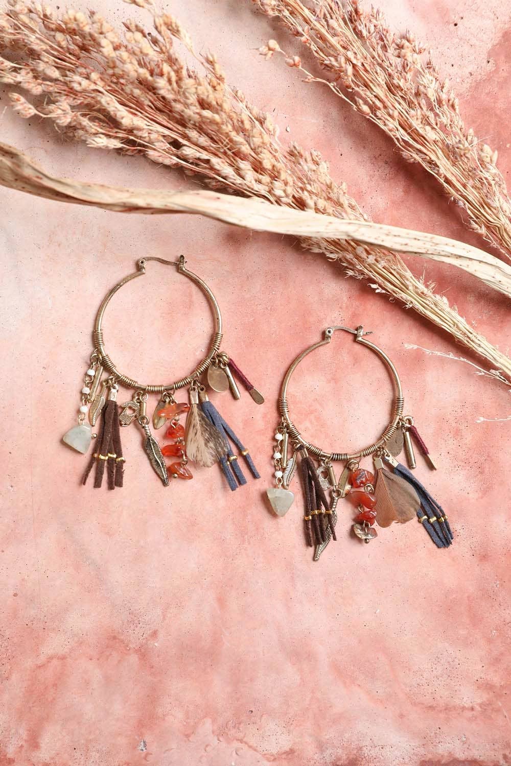 Carnelian & Jade Feather Fringe Hoop Earring