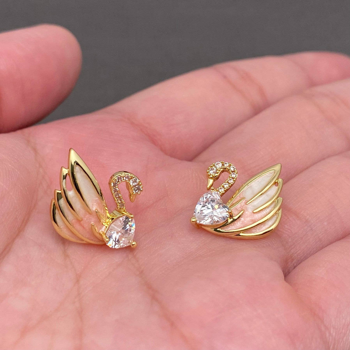Heart Zircon 14K Gold Plated Enamel Swan Earrings